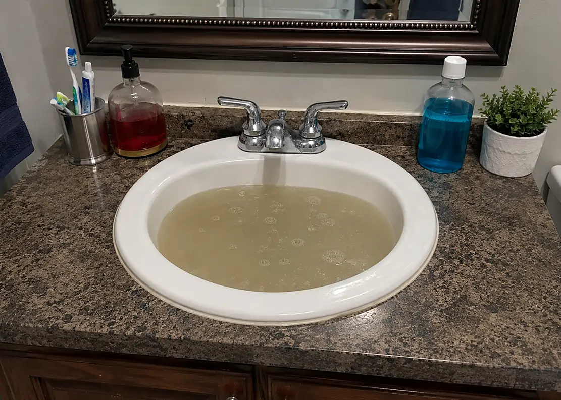 Bathroom sink with standing water