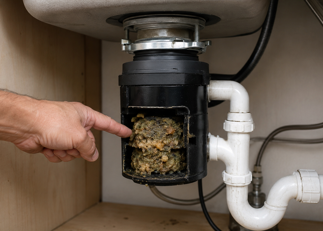 Food waste clogging a kitchen garbage disposal causing drainage and grinding issues.