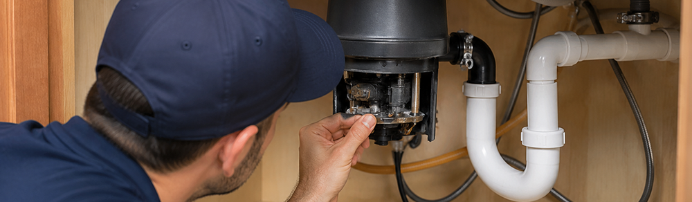 Kitchen garbage disposal inspection and repair under sink with drain system checkup