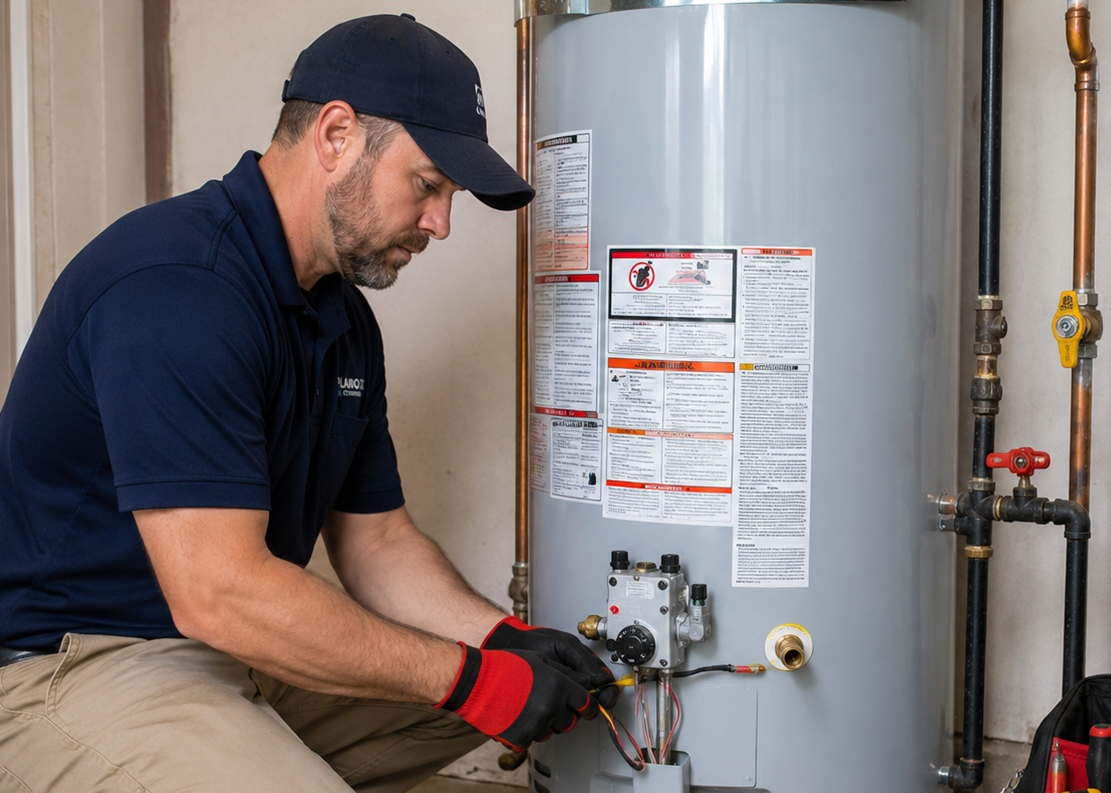 Water heater repair by technician in blue uniform