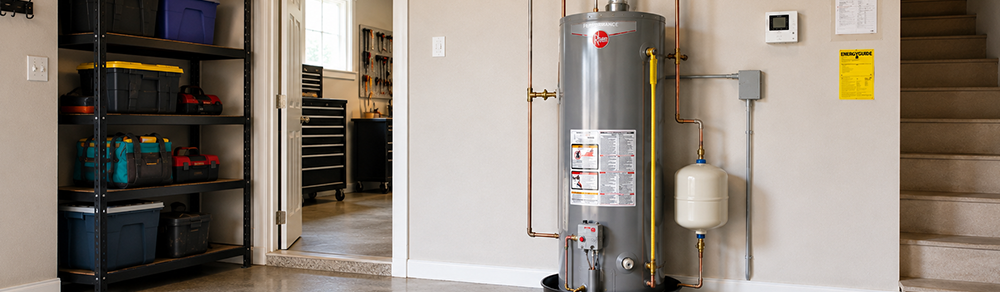 New water heater with copper pipes and expansion tank