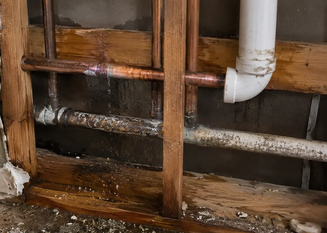 Corroded pipes and water damage requiring whole house repiping