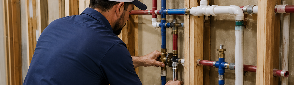 Technician installing new plumbing pipes during whole house repiping.