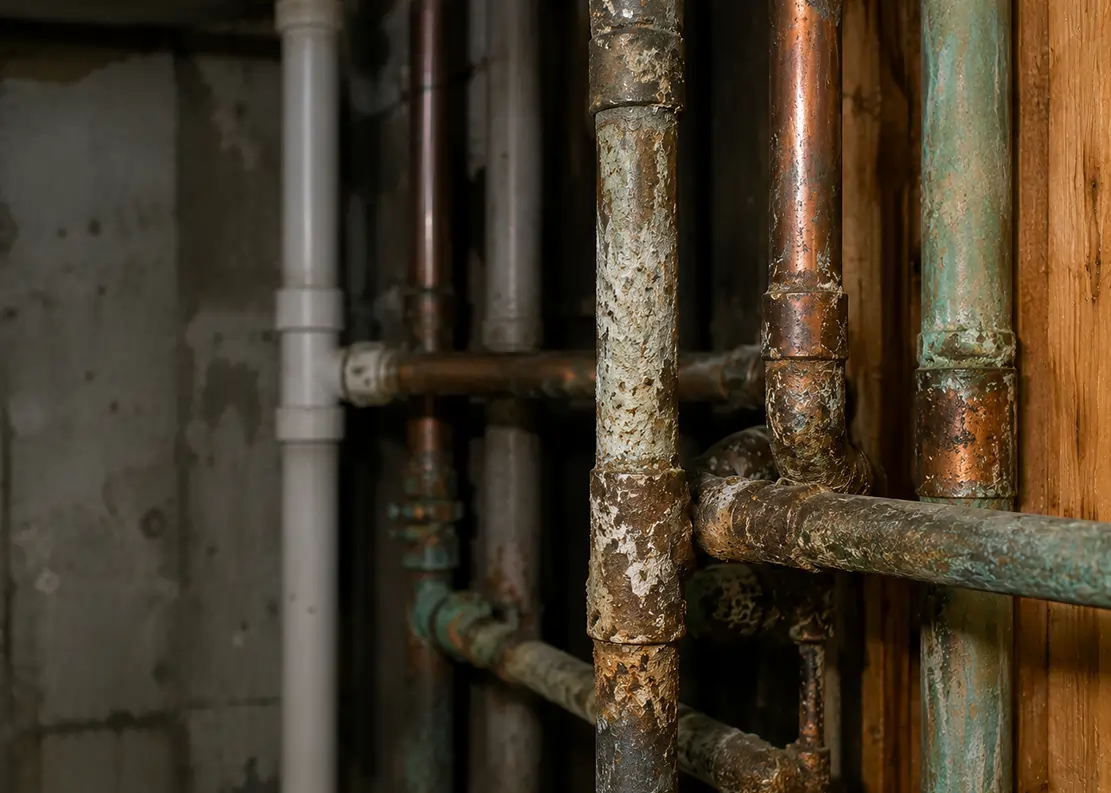 Corroded old plumbing pipes showing rust and aging damage.