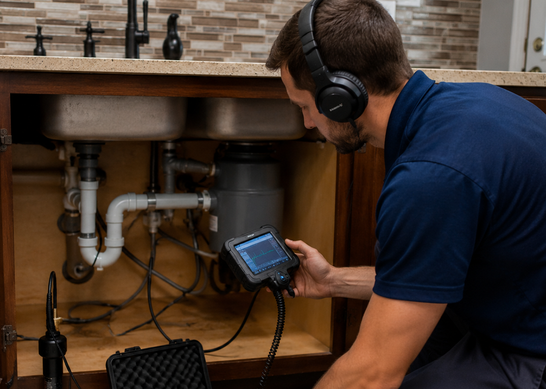 Plumber using advanced equipment to locate hidden plumbing leaks under a kitchen sink