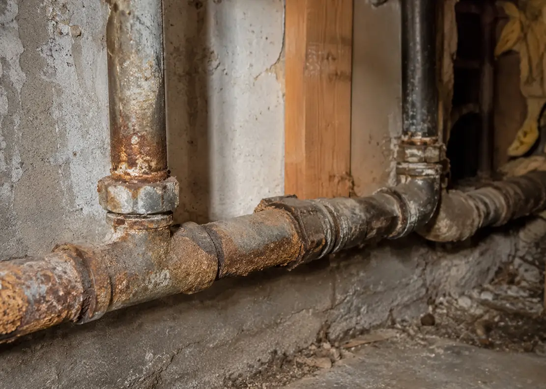 Rusted plumbing pipes showing corrosion and worn joints