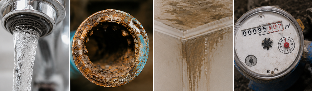 Corroded pipes, water stains, low pressure, and a water meter showing leak signs.