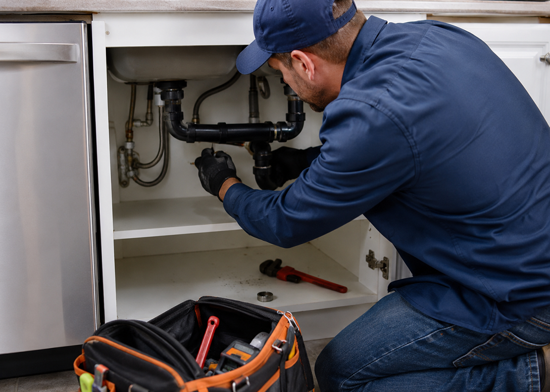Technician repairing damaged plumbing pipes with modern tools.