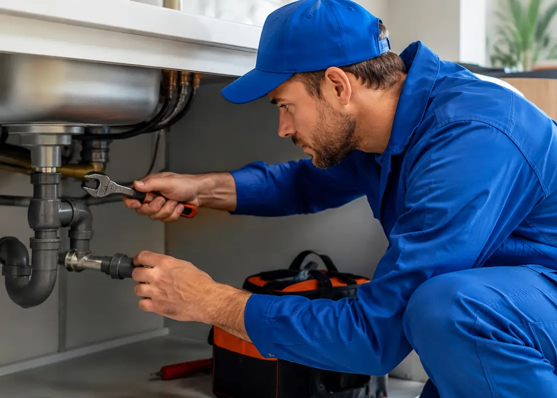 Plumber in blue uniform repairing sink pipes indoors