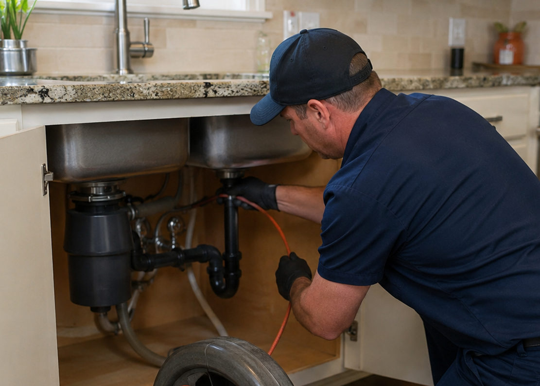 Plumber clearing a clogged drain