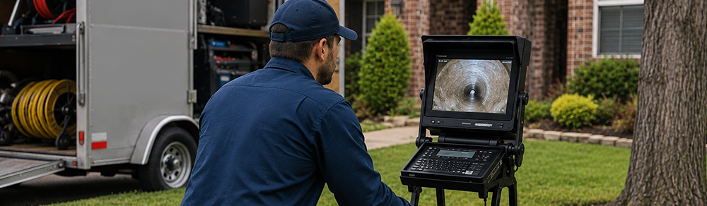 Technician performing residential sewer camera inspection and repair