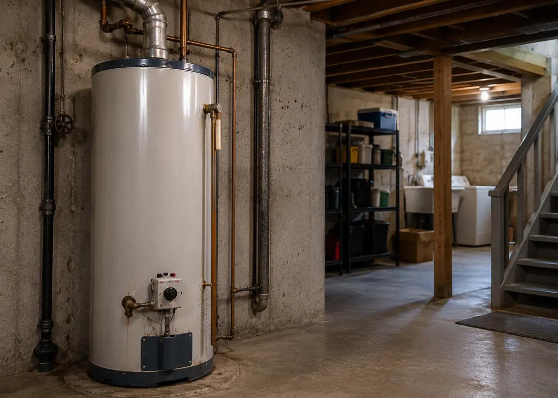 Traditional water heater tank in basement utility room