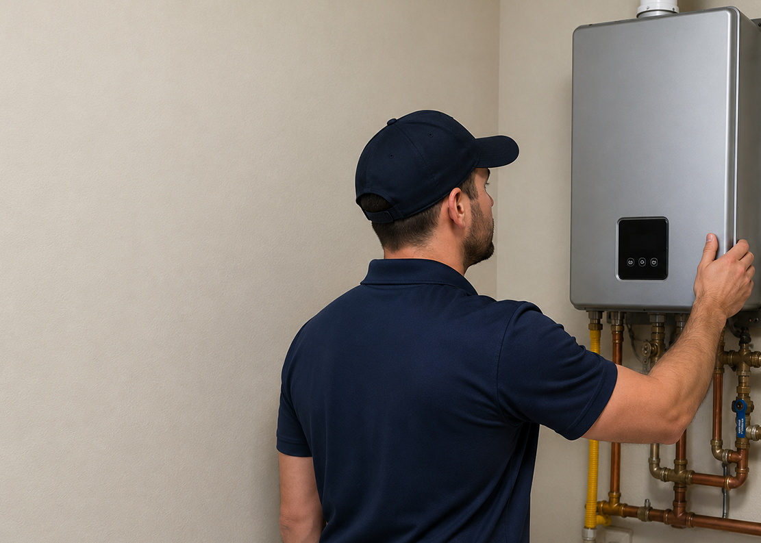 Tankless water heater installation in a residential utility room.