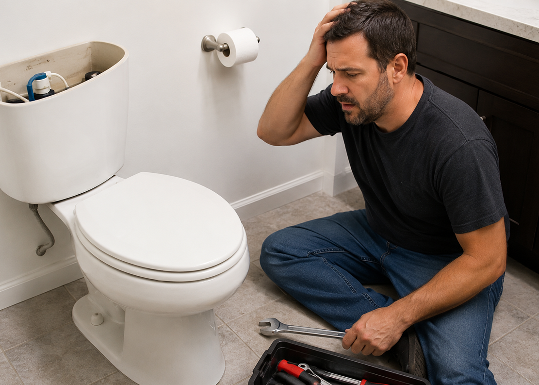 Toilet with visible repair issue and plumbing tools.