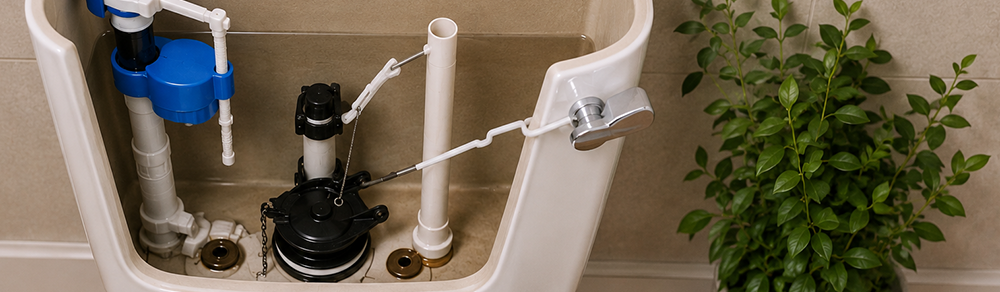 Open toilet tank with internal flush components visible.