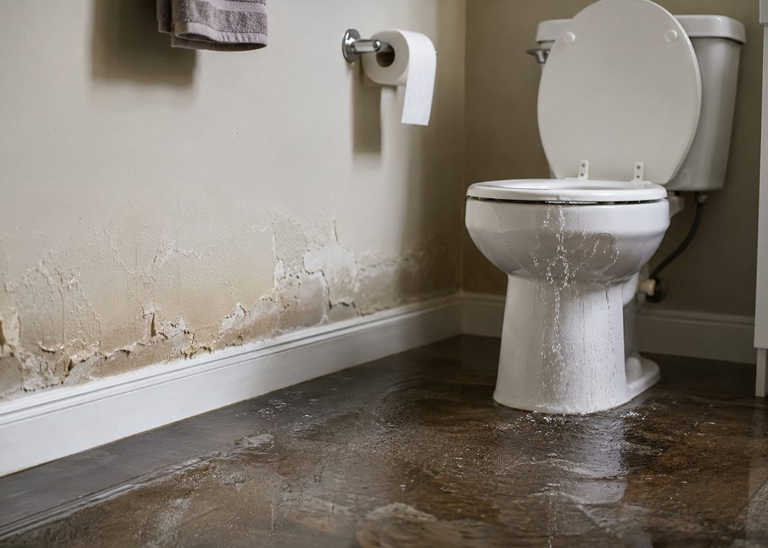 Leaking toilet causing water damage.