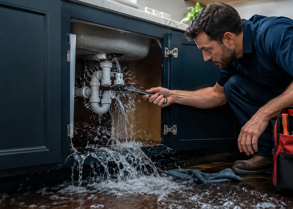 Plumber repairing a burst pipe leak indoors